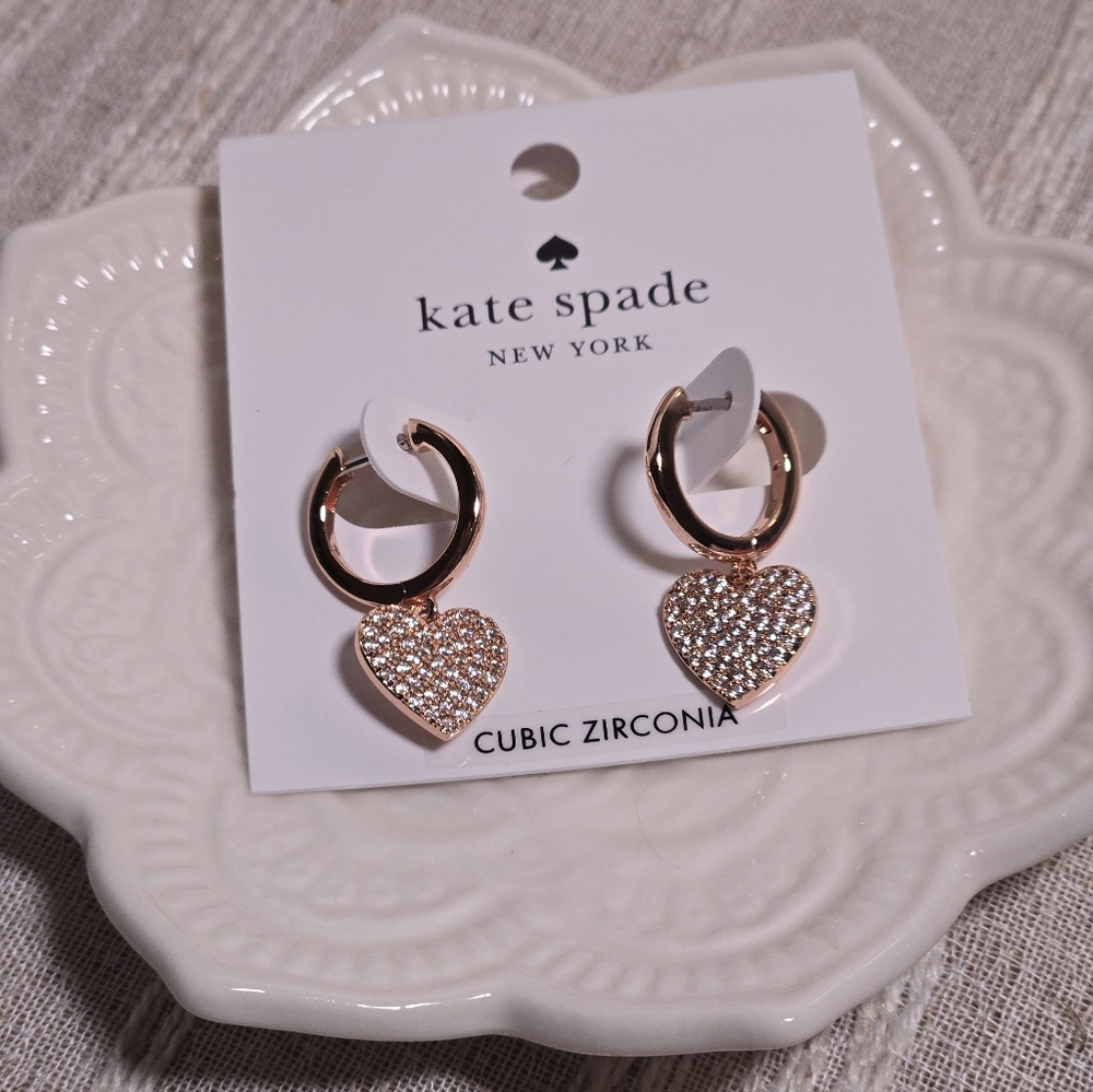 Kate Spade Yours Truly Rose Gold and CZ Dangle Heart Hoop Earrings NWT